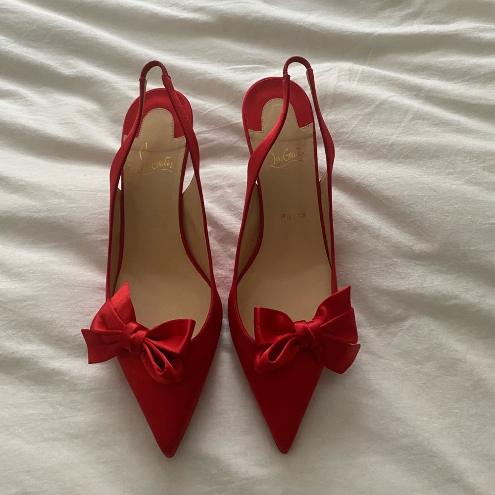 Christian Louboutin Satin Red Bow Kitten Heel